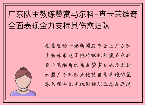 广东队主教练赞赏马尔科-查卡莱维奇全面表现全力支持其伤愈归队