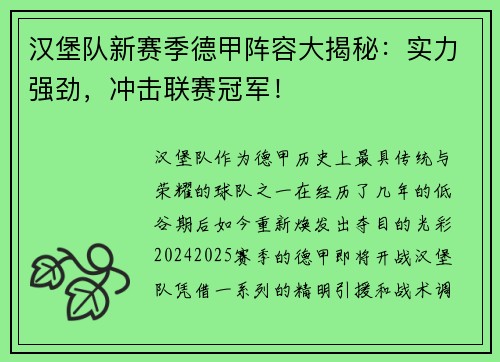 汉堡队新赛季德甲阵容大揭秘：实力强劲，冲击联赛冠军！