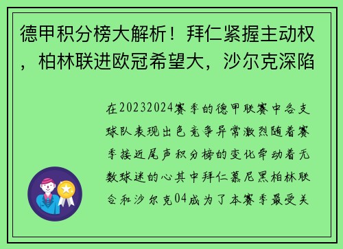 德甲积分榜大解析！拜仁紧握主动权，柏林联进欧冠希望大，沙尔克深陷降级危机